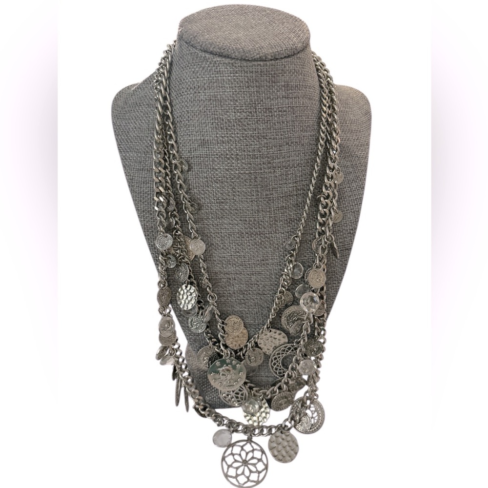 RJ Graziano triple chain medallion charms silver tone necklace